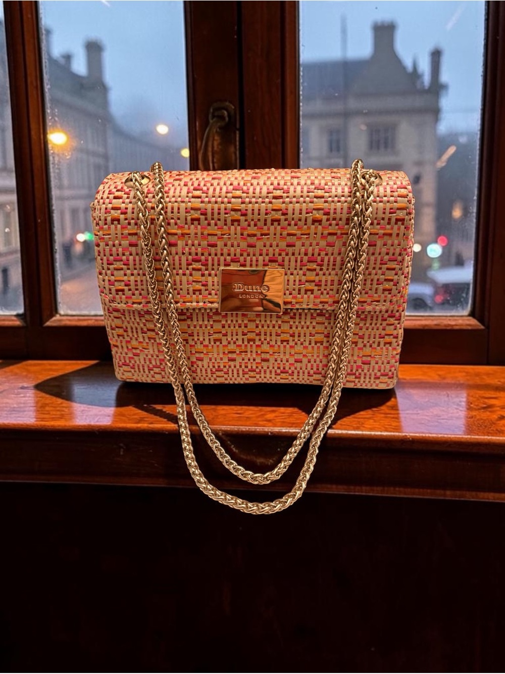 Dune London Pink Multicolor Raffia Woven Shoulder Bag w/Gold Chain (Like New) - Picture 12 of 12